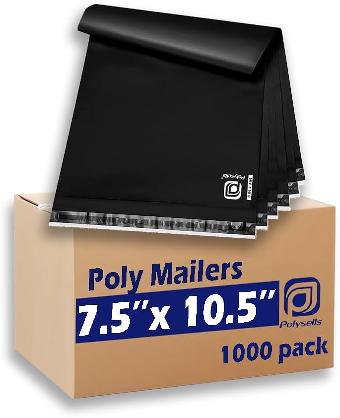 POLYSELLS 1000 pcs 7.5x10.5 Inches Black Poly Mailers Shipping Envelopes, Strong Adhesive Sealing, Waterproof, and Tear-resistant Postal Mailing Bags for Clothing, Books, and Accessories