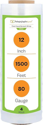 PSBM 4 Rolls 12 Inch x 1500 Feet 80 Gauge Stretch Film/Wrap Heavy Duty, Industrial Strength Clear Shrink Wrap for Shipping, Packaging, Moving, Bundling or Storage