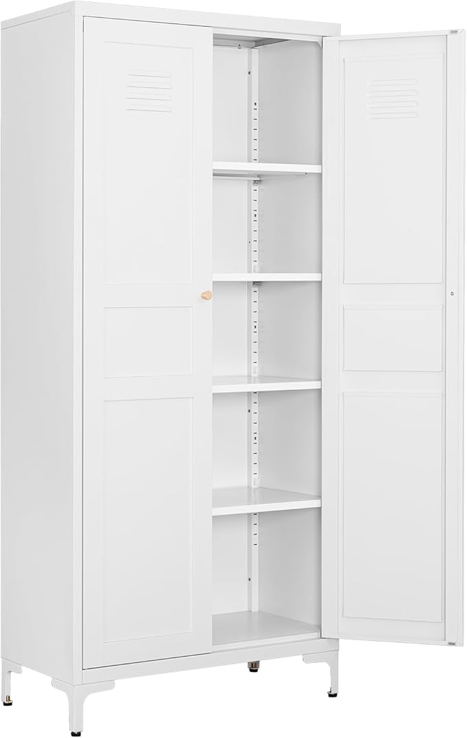 Metal Storage Cabinet-61” Tall Steel File Cabinets with Doors and 4 Adjustable Shelves-White Steel Storage Cabinet for Home,Kitchen, School, Office, Garage
