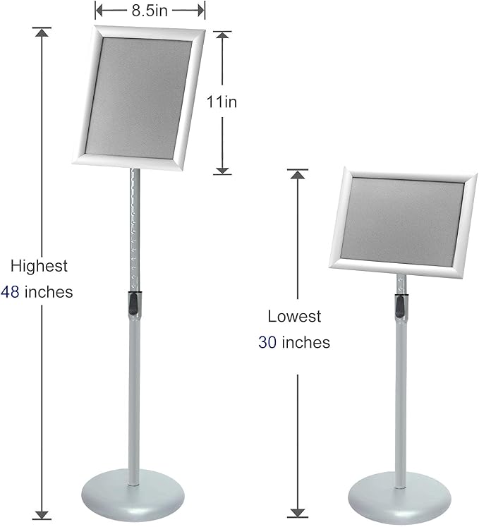 Adjustable Poster Sign Stand with Heavy Duty Base Sign Holder Aluminum Snap Open Frame for 8.5 x 11 inches Both Vertical and Horizontal View Displayed Used for Living and Business(Silver-2pack）