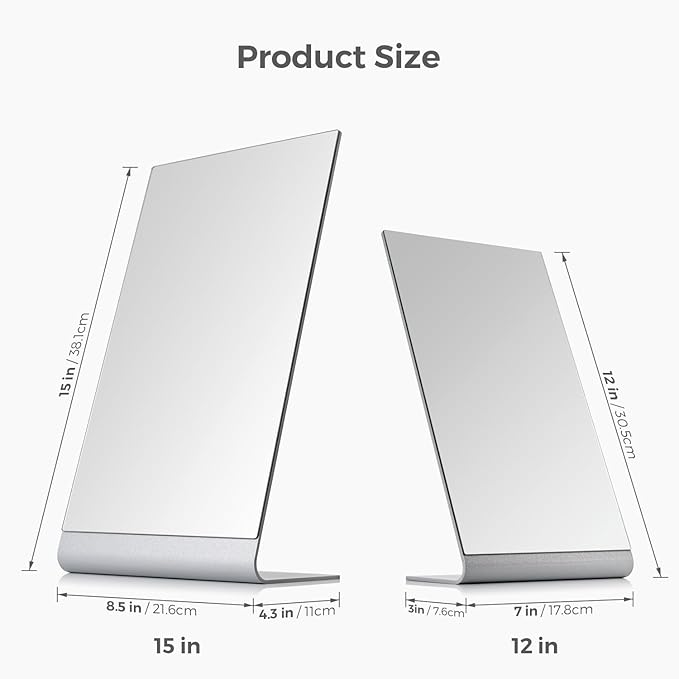 Frameless Makeup Mirror for Desk, 15 Inch Aluminum Standing Table Mirror, Large Counter Top Mirror