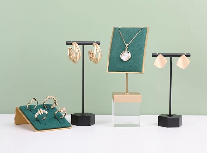 GemeShou Black Metal 2pcs Earring Display T Stand for Show, T Bar Jewelry Holder Tree for Retail Photography 【Black-Hexagon Base 2pcs Height 4.5" and 5.3"】