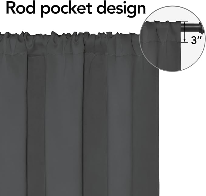 Easy-Going Rod Pocket Blackout Curtains for Bedroom, Room Darkening Window Curtains for Living Room, Thermal Insulated Noise Reduction Solid Window Drapes, 2 Panels(52x63 in, Gray)