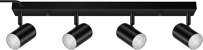 BoostArea Plug in Track Lighting, LED Track Light Kit, Black 4-Light Track Lights for Kitchen, 15 FT Cord,4 Way Ceiling Spotlight, Rotatable Wall Mount Light Head for Bedroom Hallway Living Room