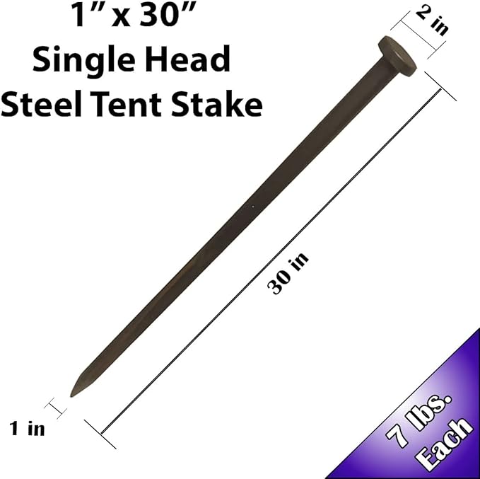 Single Head Metal Tent Stakes Heavy Duty Steel Ground Stake, Versatile Spikes to Anchor Commercial Inflatables, Event Party Tents, and Outdoor Camping Shelters, 1 x 30 Inch, 25 Pack