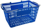 Plastic Shopping Basket, Blue, Steel Handles, 18 11/16 x 12 3/8 x 10 7/16 Inches, 55 lb Capacity, Stackable Design for Grocery Market