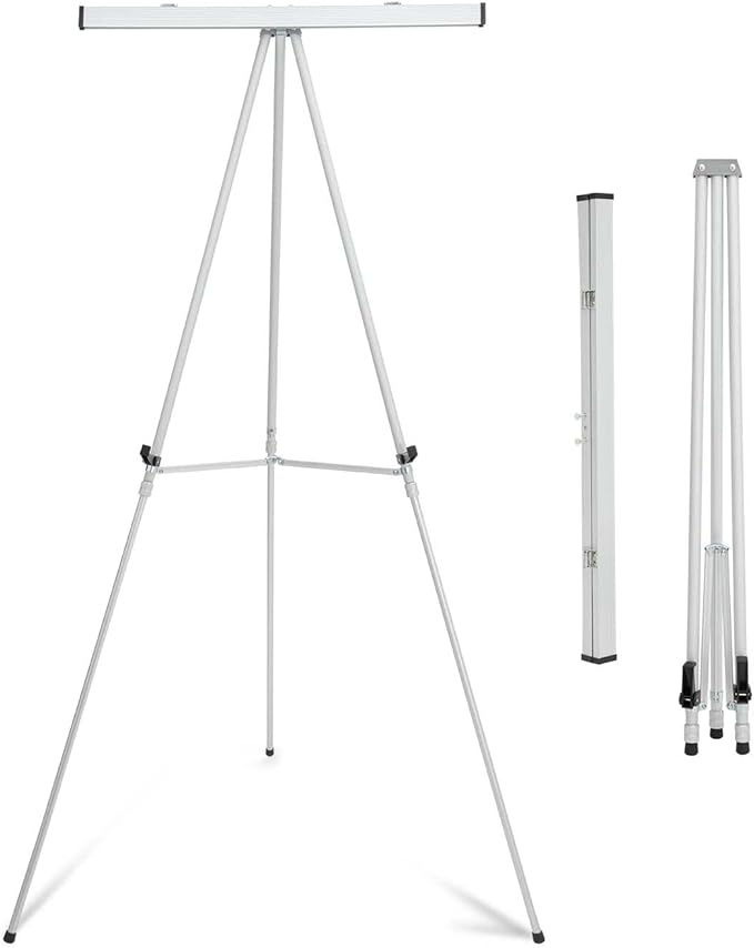 Falling in Art Aluminum Flip Chart Display Easel Stand with Adjustable Floor for Boardroom, Whiteboard, Paper Pads, Signage, 63 1/2'' High, Silver