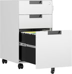 3 Drawer File Cabinet with Lock, Fully Assembled Metal Mobile Filing Cabinets for Home Office, Small Rolling File Caninet on Wheels for Legal/Letter / A4 File, White