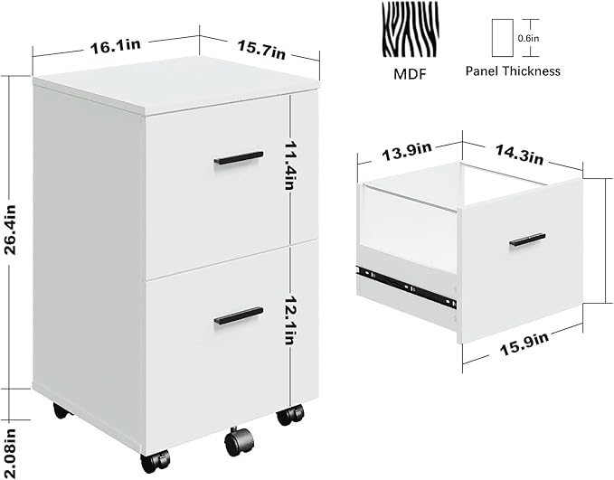 Panana 2 Drawer Wooden Mobile File Cabinet, Rolling Filing Cabinet with Wheels, Under Desk Storage Organizer for Letter/A4 Sized Files Home Office (WHITEE)