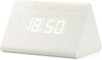 GEARONIC Digital Alarm Clock Wooden Alarm Clock Wood Modern Triangle Alarm Digital Desk Clock, Displays Time Date Temperature Calendar Wood Made Electric Clocks for Bedroom, Bedside - White