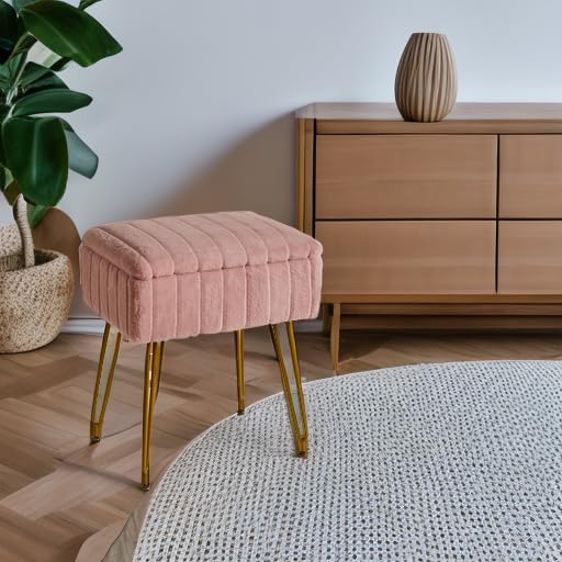 IBUYKE Stool Chair with Storage Space, Footrest Footstool Ottoman, Small Side Table, with 4 Metal Legs, with Anti-Slip Feet, for Makeup Room, Bedroom, Faux Fur, Pink LG-50P