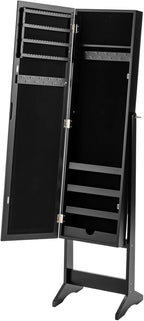 Giantex Jewelry Cabinet with Full-Length Mirror, Standing Jewelry Armoire Organizer with 64 Earring Slots, 72 Ring Slots, 20 Necklace Hooks, 4 Storage Shelves, 3 Angle Adjustable (Black)