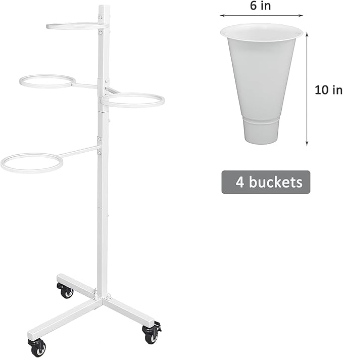 DYALE Flower Display Stand with Buckets - Flower Cart with Wheels for Bouquet Shop, Metal Flower Rack Display Stand for Wedding Garden, Party, Events 1 (White, Round buckets)