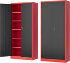 Metal Storage Cabinet-72” Tall Steel File Cabinets with Lockable Doors and Adjustable Shelves-Black&Red Steel Storage Cabinet for Kitchen, Office, Garage