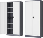 Metal Storage Cabinet-72” Tall Steel File Cabinets with Lockable Doors and Adjustable Shelves-White&Gray Steel Storage Cabinet for Home Kitchen, Office, Garage