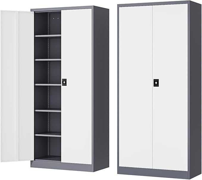 Metal Storage Cabinet-72” Tall Steel File Cabinets with Lockable Doors and Adjustable Shelves-White&Gray Steel Storage Cabinet for Home Kitchen, Office, Garage