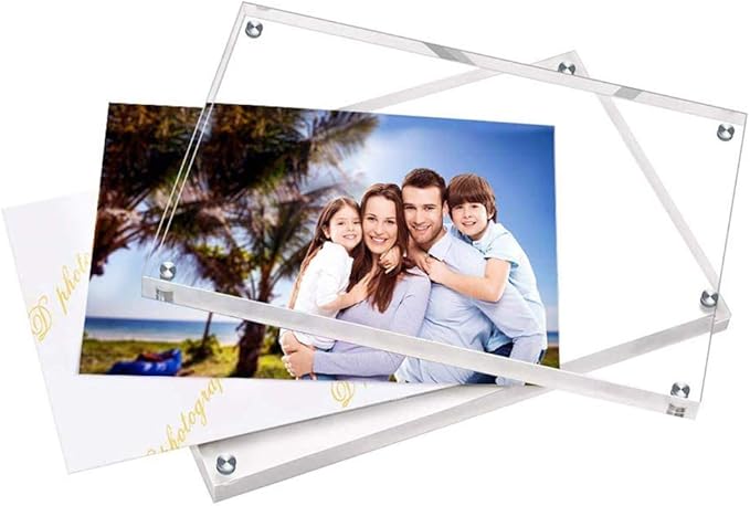 ILYXY 3 Pack Acrylic Frame 5x5, 20% Thicker, 20mm Thick Frameless Clear Picture Frame, Double Sided Magnetic Photo Frame, Free Standing Desktop Display Stand Acrylic Picture Frames