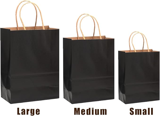 qiqee 100-Packs Black Paper Gift Bags with Handles Bulk Assorted Sizes(33pcs Large 13", 33pcs Medium 11", 34pcs Small 8")