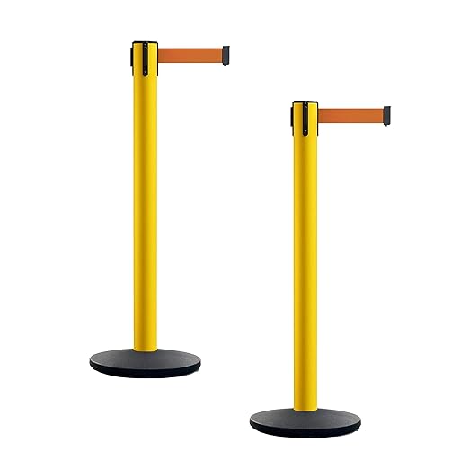 Montour Line MI650 Set of 2 Retractable Belt Barrier Stanchion, Cast Iron Base, Yellow Post (16 ft Orange Belt)