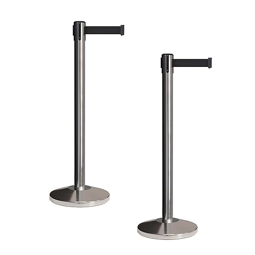 Crowd Control Warehouse CCW Set of 2 Retractable Belt Barriers Stanchion, Polished Stainless Steel Post, RBB-100 (7.5 Foot Belt, Black Belt)