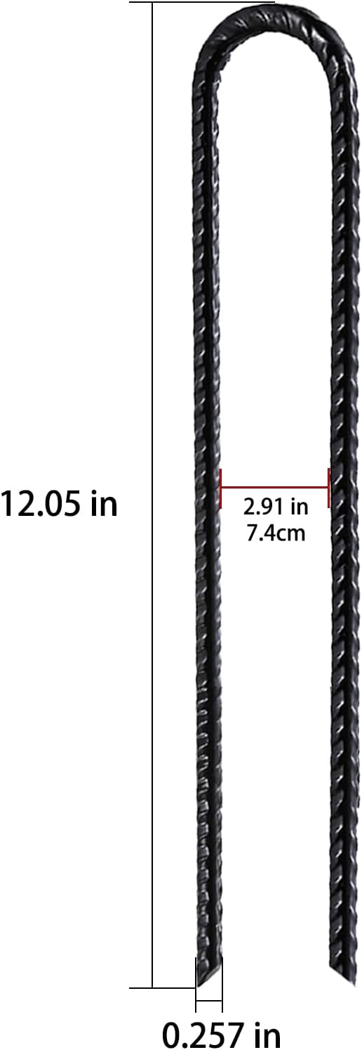 Rebar U/J Hook Extra Heavy Duty, 12 inch x 1/4 inch Rust Proof Coated Steel Ground Anchors for Garden, Tent, Trampoline (50pcs, U-Hook)