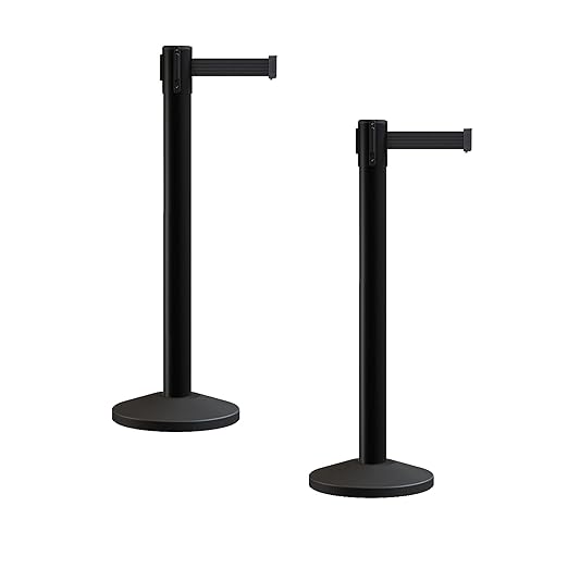 Crowd Control Warehouse CCW Series RBB-150 - Set of 2 Stanchion Retractable Belt Barriers - 16 Foot, Black Belt with Black Steel Post - Easy Assembly