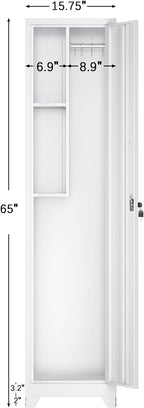 LUCYPAL Broom Closet Storage Cabinet,65" H Metal Cleaning Tool Cabinets with Hooks and Hanging Rods,Slim Utility Closet Cabinet for Garage,Utility Room,Gym,Mops,Kitchen,White