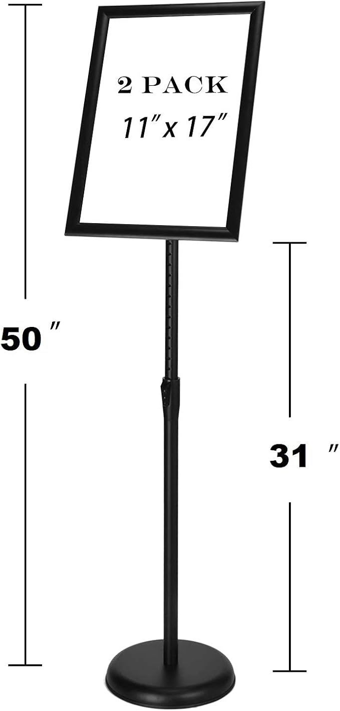 GUOHONG 2 Pack Sign Holder Adjustable Poster Stand Aluminum Snap Open Frame,Standing Floor Sign Stand for 11x17 Inch,Vertical and Horizontal View Sign