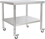 Stainless Steel Table for Prep & Work with 4 Caster Wheels with Undershelf 30 x 36 NSF Metal Commercial Kitchen Adjustable Under Shelf Worktable for Restaurant Home Outdoor