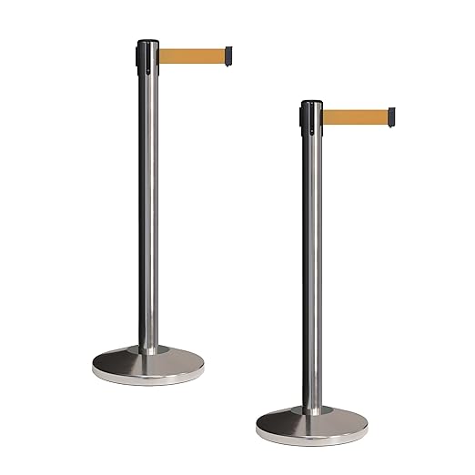 Crowd Control Warehouse CCW Set of 2 Retractable Belt Barriers Stanchion, Polished Stainless Steel Post, RBB-100 (11 Foot Belt, Brown Belt)