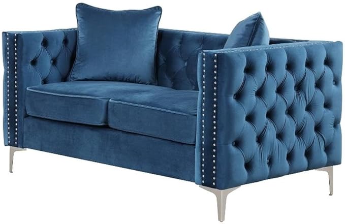 Pemberly Row Chesterfield Button Tufted Velvet Fabric Modern Loveseat-Blue