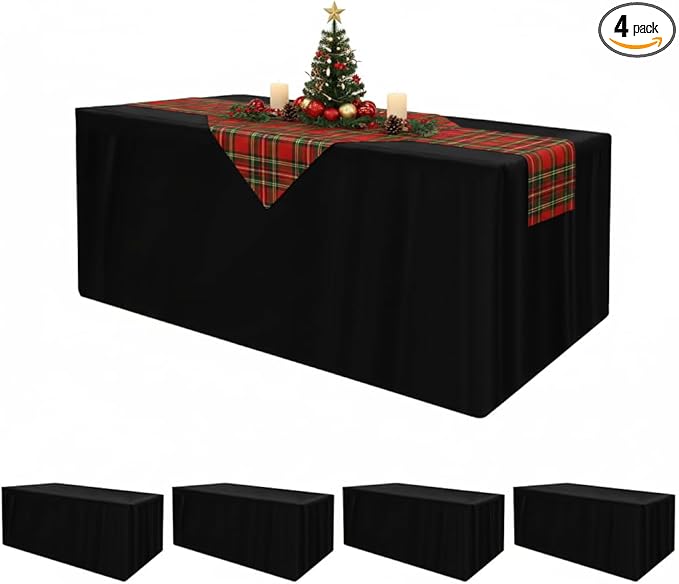 HolidayIdeas 4 Pcs Fitted Black Table Cloths for 6 Foot Rectangle Tables, Wrinkle Resistant Washable Table Covers 72x30 Inch for Vendor Booth Display, Banquet, Trade Show
