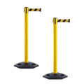 CCW Series WBB-200 Set of 2 Outdoor Safety Rubber Base Stanchion Retractable Belt Barriers - Easy to Assemble, No Tools Required (11 Foot Belt, Black and Yellow Diagonal Belt with Yellow Post)