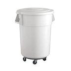 55 Gallon White Round Commercial Trash Can with Lid and Dolly