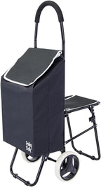 dbest Products Trolley Dolly Sport with Chair – Foldable Grocery Cart on Wheels – Multi Use Rolling Cart with Built-in Seat, Removable Bag, and Hand Truck Dolly Function, Black