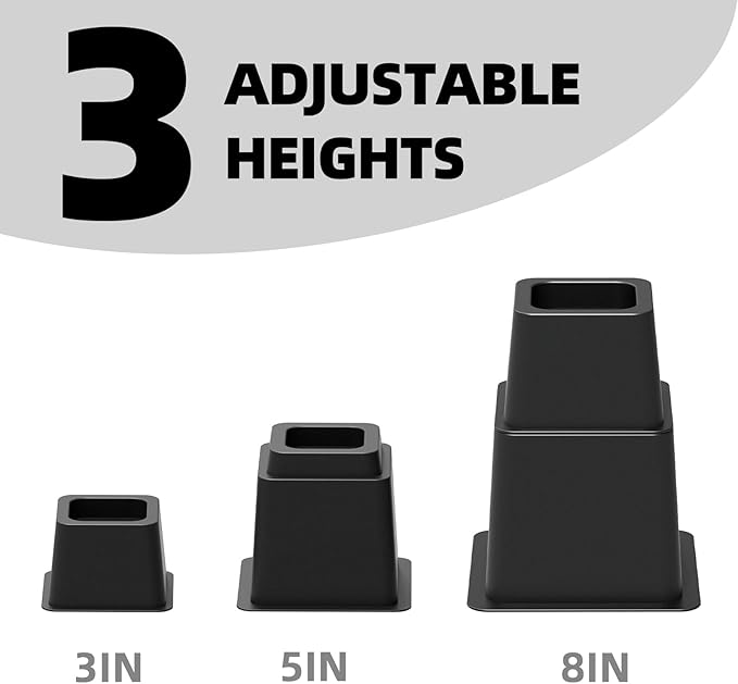 3, 5 or 8 inch Bed Risers Heavy Duty, Adjustable Furniture Risers for Bed, Sofa, Table, Chair, Support up to 1500 Lbs (Set of 6, Black)