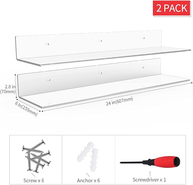 24 Inches Clear Floating Shelves for Wall, Acrylic Long Wall Shelf, Wall Mounted Shelves for Plants, Speaker, Radio, Funko Pop, Stuffed Animal, Books, Cosmetics, Toiletries, 2 Pack (24 Inch)