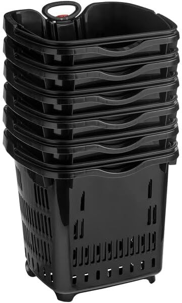 Black Plastic Shopping Basket with Wheels, 21.25x16.5 Inch, 45 lb Capacity, Telescopic Handle, Stackable Design