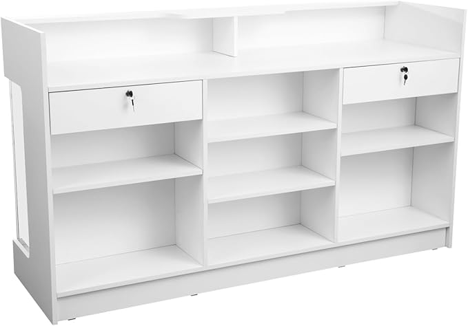 72" W x 22" D x 42" H - Glass Showcase Display Cabinet with Lockng, 6FT Ledgetop Counter with Showcase Front, White Retail Counter Glass Display Cabinet