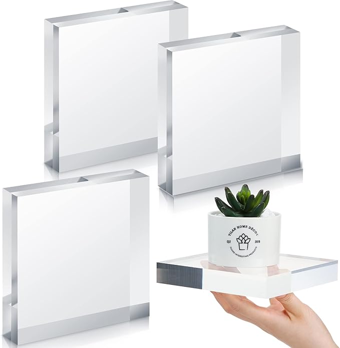 Qunclay 4 Pcs 5 x 5 x 1 Inches Acrylic Square Display Block Clear Polished Acrylic Cubes Jewelry Display Stand for Jewelry Ring Showcase Holder Base Collections
