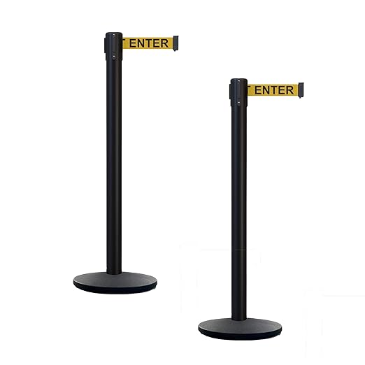 Montour Line MI650 Set of 2 Retractable Belt Barrier Stanchion, Cast Iron Base, Black Powder Coated Steel Post (16 ft Yellow with"Caution - DO NOT Enter" Black Letters Belt)