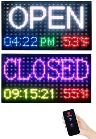 FTELEDLIGH Open Closed Sign for Business, 27x14 Inch Outdoor LED Sign with Remote Control, Auto Brightness & Temperature Time Display, Waterproof for Storefront Window, Shop, Cafe, Retail