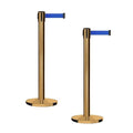 Montour Line MI650 Set of 2 Retractable Belt Barrier Stanchion, Cast Iron Base, Satin Brass Post (16 ft Blue Belt)