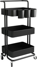 AIYAKA 3-Tier Rolling Utility Storage Cart, Multifunction Trolley Service Cart, with Mesh Basket Handles and Wheels, for Bathroom, Kitchen, Office, Black