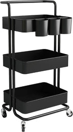 AIYAKA 3-Tier Rolling Utility Storage Cart, Multifunction Trolley Service Cart, with Mesh Basket Handles and Wheels, for Bathroom, Kitchen, Office, Black