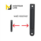 Montour Line WM115 Wall Mounted Retractable Belt Barrier with Standard Belt End, Fixed Mount, Polished Stainless Steel Casing (8.5 ft Black with White Horizontal Stripe Belt)