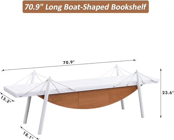 1 Tier Boat-Shaped Bookshelf, Stylish Bookcase with Drawer 70.9" Long Bookshelves for Storage Display Decor Easy Assembly Bookcase Furniture for Bedroom, Living Room and Home Office