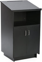 45.5" Tall Podium with Locking Cabinet, Inner Shelf, 25" Wide Angled Surface with Lip (Black)