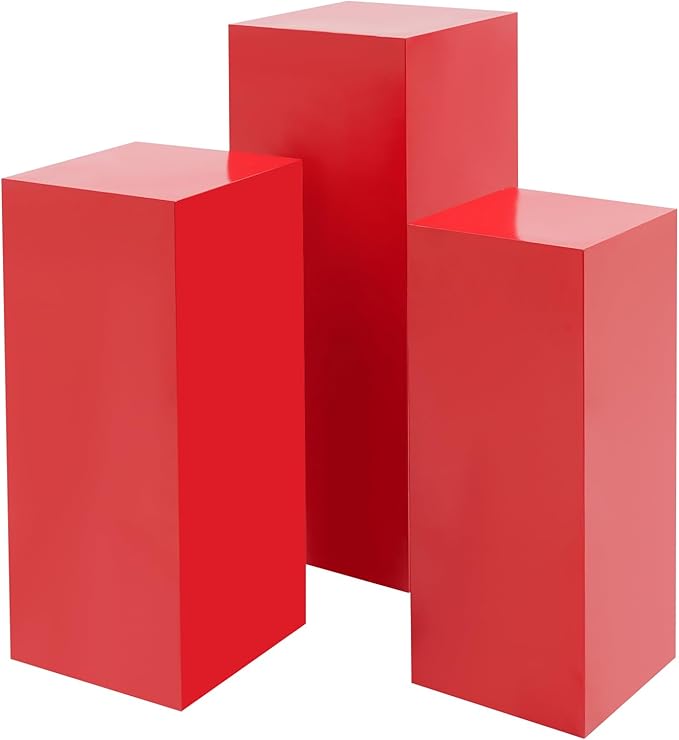 3Pcs Metal Pedestal Stand for Party, Large Red Cake Stand, Pedestal Display Plinth Pillars for Wedding Ceremony Birthday Party Art Decor, Column Decorative Cube for Wedding Dessert Table Display