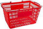Red Plastic Shopping Basket with Steel Handles, 18 11/16 x 12 3/8 x 10 7/16 Inches, 55 lb Capacity, Stackable Design for Grocery Market Store